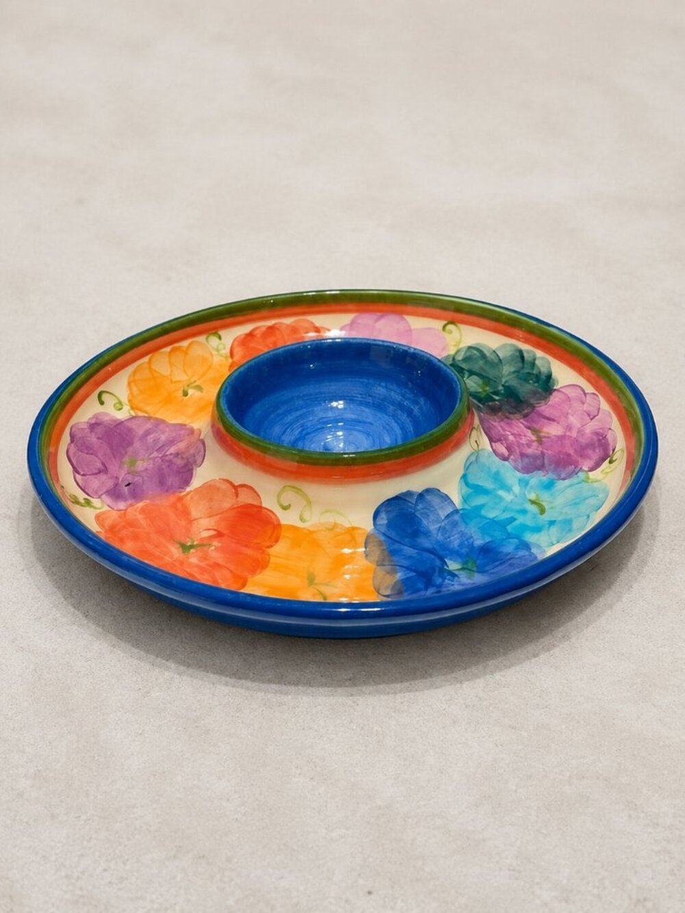 Vintage L. Pierce Signed Hand Painted Floral Chip Dip Platter 12" Colorful